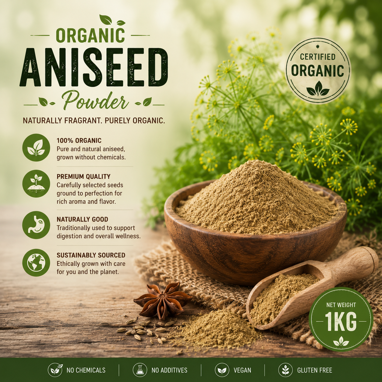 Organic aniseed powder in a wooden bowl with anise plants in the background